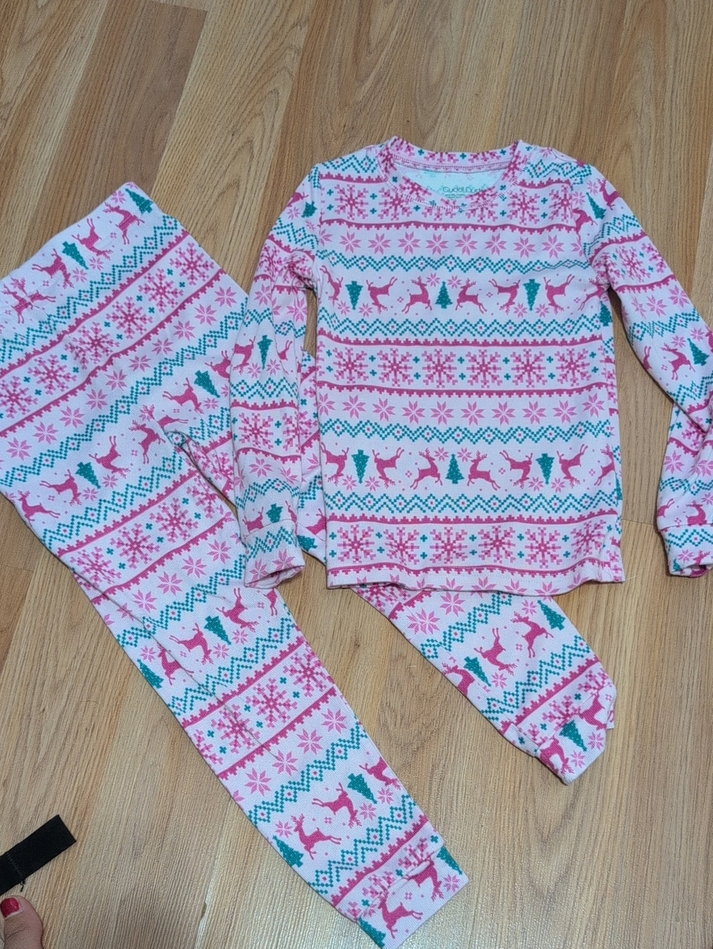 Cuddl Duds Pink and Teal Reindeer & Snowflake Pajama Set